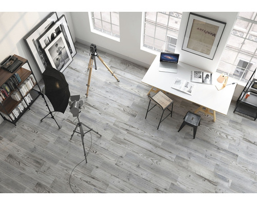 Interieuransicht eines Studios mit Fotografie-Ausrüstung, Schreibtisch, Regalen und grauem Holzboden