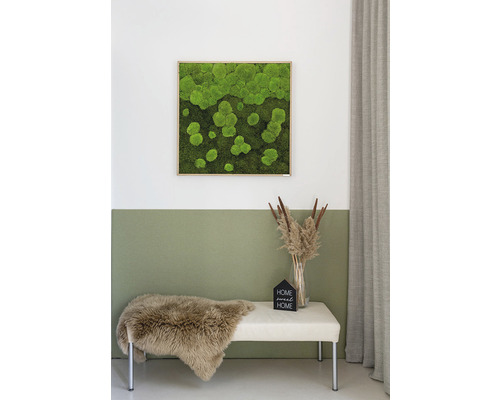 Dekoratives Moosbild über einer Bank mit einem Schaffell und einer Blumenvase