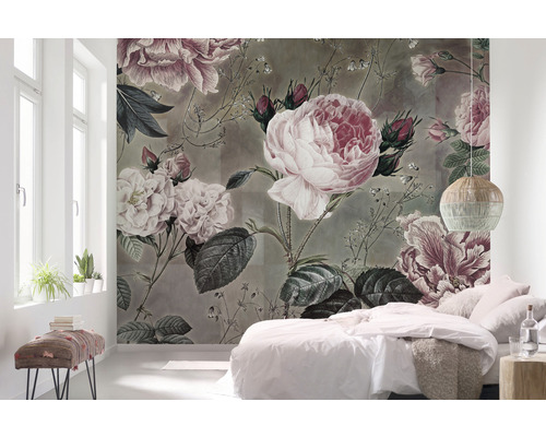 Schlafzimmer mit Fototapete mit Rosenmotiv