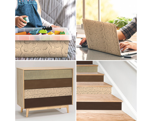 Collage verschiedener Anwendungen von Dekorfolie: Spielzeugkiste, Laptop, Kommode und Treppe