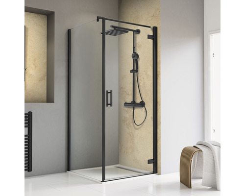 Duschtür mit Seitenwand mit Pendeltür SCHULTE TouraPlus ExpressPlus 90 x 90 cm Profil schwarz Klarglas schmutzabweisende Glasbeschichtung Türanschlag rechts Duschkabine mit schwarzem Rahmen und Duscharmatur