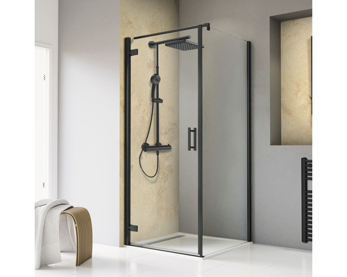 Duschtür mit Seitenwand mit Pendeltür SCHULTE TouraPlus ExpressPlus 90 x 90 cm Profil schwarz Klarglas schmutzabweisende Glasbeschichtung Türanschlag links Duschkabine mit schwarzem Rahmen und Duscharmatur im Badezimmer