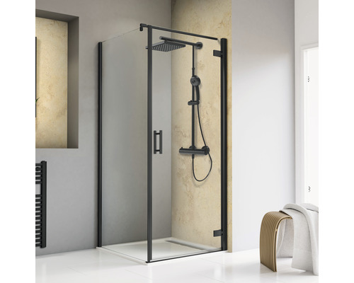 Duschtür mit Seitenwand mit Pendeltür SCHULTE TouraPlus ExpressPlus 100 x 100 cm Profil schwarz Klarglas schmutzabweisende Glasbeschichtung Türanschlag rechts Duschkabine mit Kopfbrause und Handbrause im Badezimmer