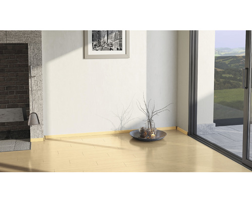 Heller Raum mit Fußleisten, Kamin und Terrassentür