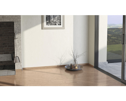 Innenraum mit Holzboden, Kamin und Schiebetür zur Terrasse