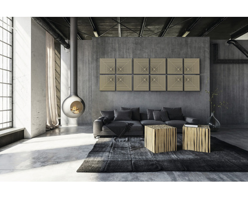 Wohnzimmer im Loftstil mit Sofa, Teppich, Couchtischen und hängendem Kamin