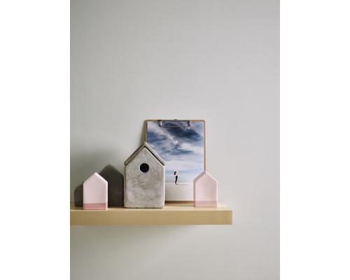 Dekorative Häuser und eine Fotografie auf einem Holzregal