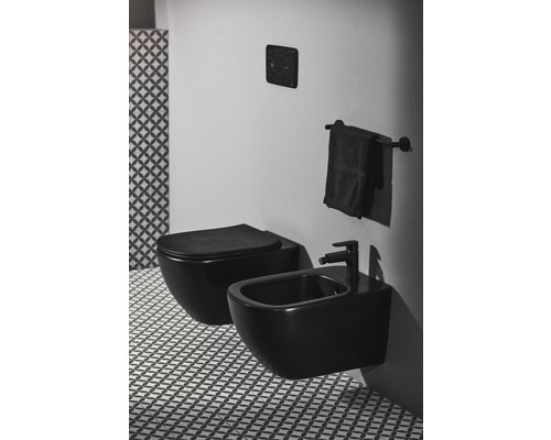 Modernes Badezimmer mit wandhängendem WC und Bidet in dunkler Ausführung, ergänzt durch Fliesen mit geometrischem Muster.