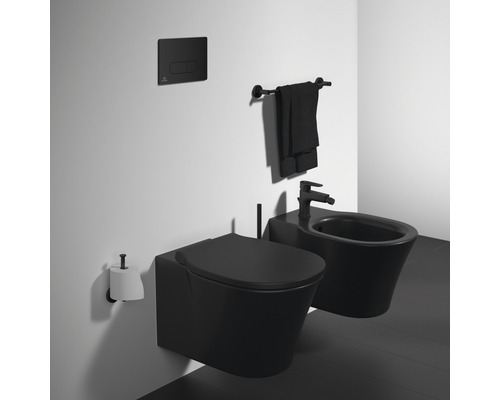 Badezimmer mit wandhängendem WC, Bidet, Betätigungsplatte, Handtuch und Toilettenpapierhalter