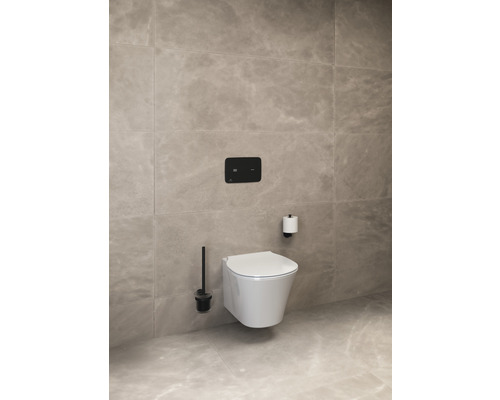 Wandhängendes WC mit Betätigungsplatte, Toilettenpapierhalter und WC-Bürste in einem Badezimmer.