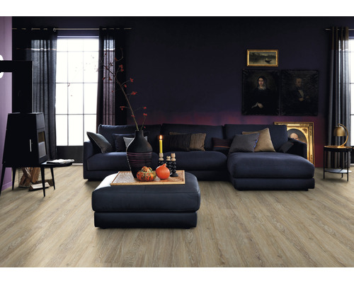 Ein Wohnzimmer mit Laminatboden, Sofa und Dekorationen.