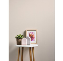 Dekorative Szene mit Topfpflanze, Hausdekorationen und gerahmtem Blumenbild auf einem Tisch