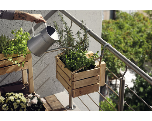 Gießkanne beim Gießen von Kräutern in einem Holzkasten auf einem Balkon.