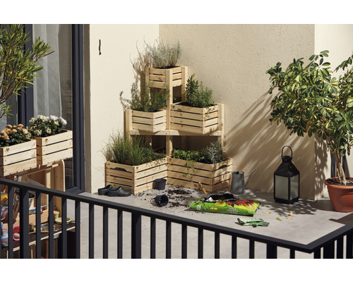 Balkonszene mit bepflanzten Holzkistenregalen, Blumenerde, Gießkanne und Laterne
