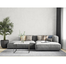 Wohnzimmer mit grauem Ecksofa, Couchtisch mit Marmorplatte und Zimmerpflanze