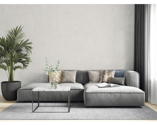 Wohnzimmer mit grauer Couch, Couchtisch, Zimmerpflanze und Teppich