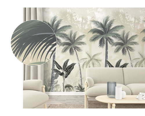 Wohnraum mit Palmenwaldtapete und Detailansicht