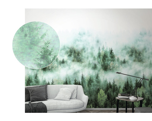 Fototapete mit Waldmotiv und Nebel hinter einem Sofa
