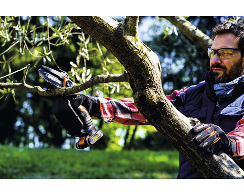 Eine Person benutzt eine Akku-Kettensäge zum Beschneiden eines Astes.