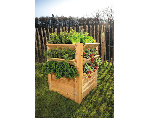 Hochbeet aus Holz mit Kräutern, Salat und Erdbeeren im Garten