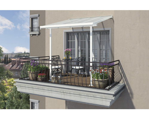 Terrassenüberdachung PALRAM Sierra 230 x 230 cm weiß Balkon mit Überdachung, Geländer, Tisch und Stühlen