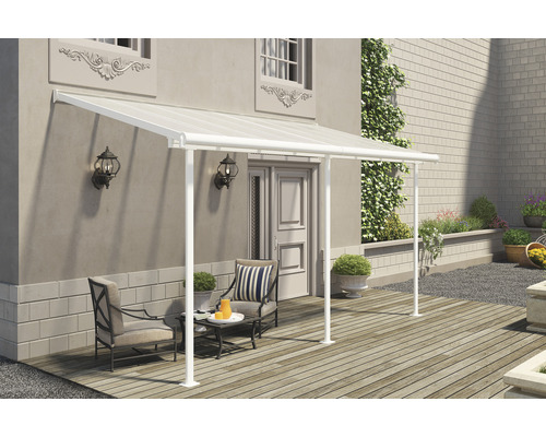 Terrassenüberdachung PALRAM Sierra 447 x 230 cm weiß Terrasse mit Überdachung, Sitzmöbeln und Tisch