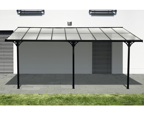 Überdachung mit transparentem Dach und schwarzen Pfosten