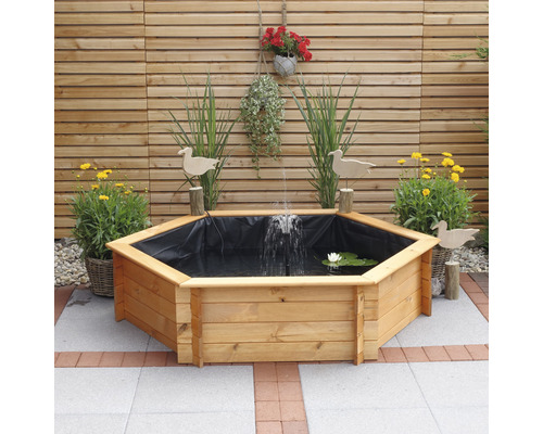 Hochteich, Miniteich, Hochbeet promadino Sechseck 128 x 128 x 41 cm Hexagonaler Teich aus Holz mit Springbrunnen und Dekoration im Garten