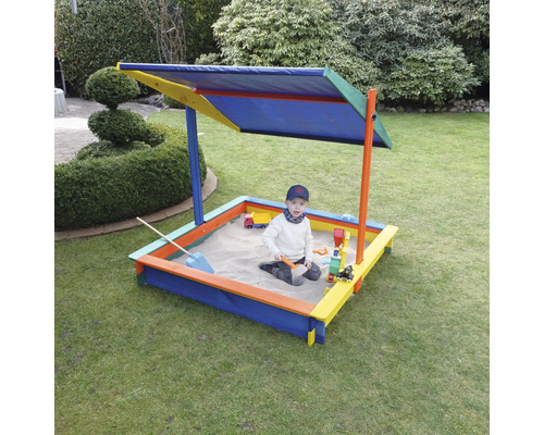 Sandkasten Nadine 140 mit Sonnensegel Holz 140 x 140 x 130 cm bunt Farbenfroher Sandkasten mit Sonnenschutz für Kinder im Garten
