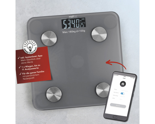 Graue Körperanalysewaage mit digitaler Anzeige und Smartphone