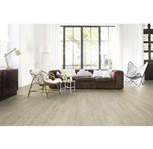 Heller Wohnraum mit braunem Sofa, Rattansessel und Holzfußboden