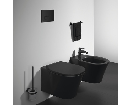 Modernes Badezimmer mit schwarzer Toilette, Bidet und Spülkasten