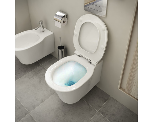 Modernes Badezimmer mit Wand-WC, Bidet, Toilettenpapierhalter und WC-Bürste.