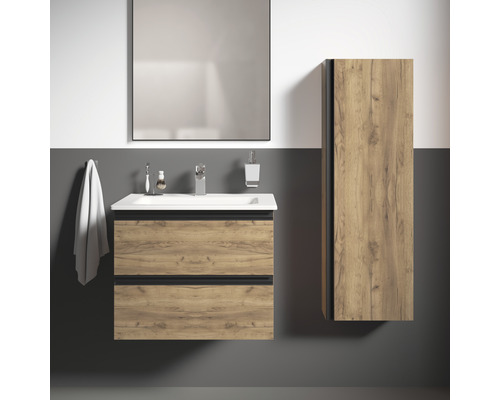 Badezimmer-Set mit Waschtischunterschrank, Spiegel und Hochschrank im Holzdesign