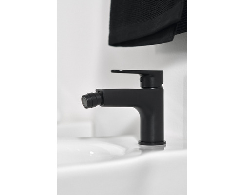Schwarze Bidetarmatur auf einem Waschbecken