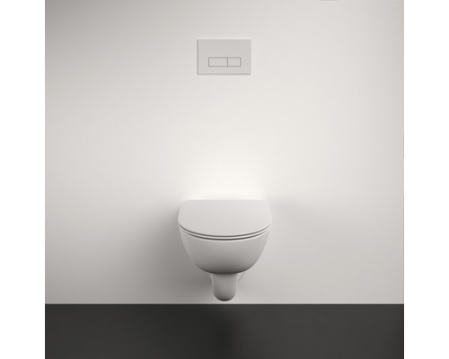 Wandhängendes WC mit Betätigungsplatte an einer Badezimmerwand