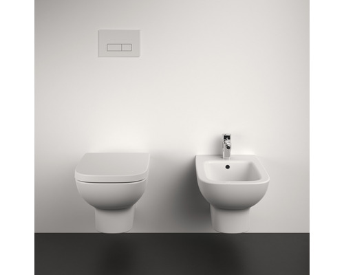 Wandhängendes WC und Bidet mit Betätigungsplatte für die Toilettenspülung an der Wand