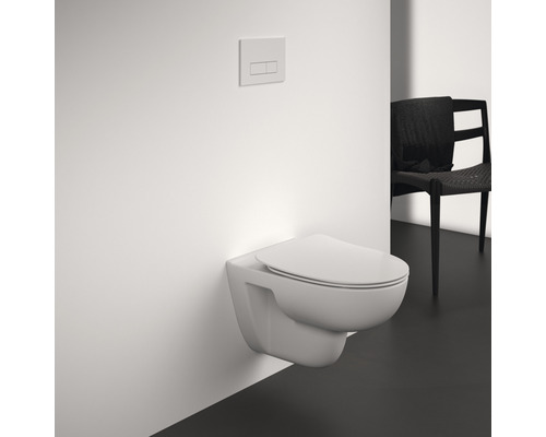 Wandhängendes WC mit Betätigungsplatte in einem Badezimmer