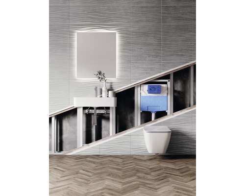 Modernes Badezimmer mit Waschtisch, Spiegelschrank, Vorwandelement und wandhängendem WC.