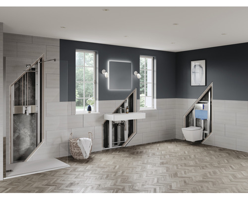 Badezimmer mit Dusche, Waschbecken, Toilette und Installationsebene