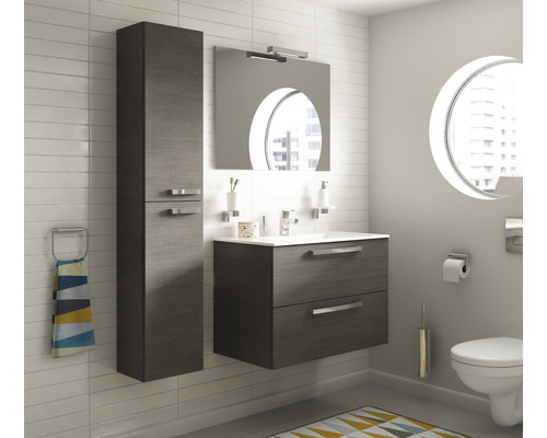 Badezimmer mit Waschbeckenunterschrank, Spiegelschrank, Hochschrank und Toilette