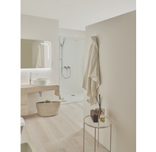 Helles Badezimmer mit Dusche, Waschbecken, Spiegel und Dekoration