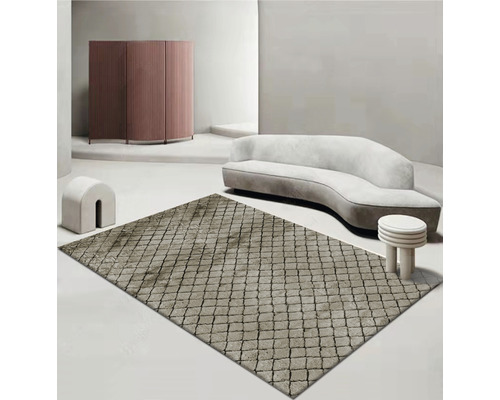 Beige gemusterter Teppich in einem hellen Raum mit Sofa und Möbeln