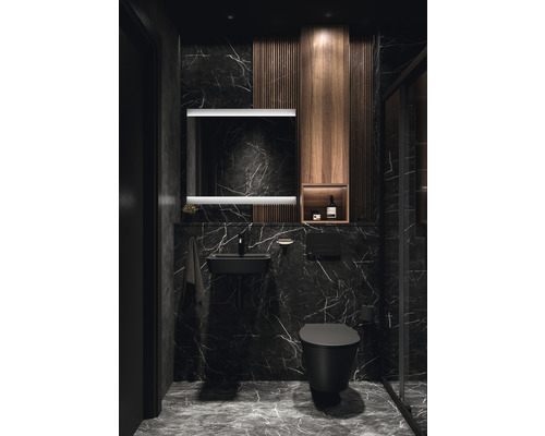 Badezimmer mit Toilette, Waschbecken, Spiegel und Holzverkleidung an der Wand