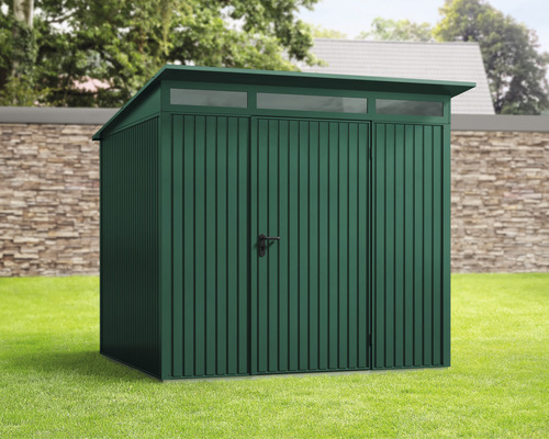 Gerätehaus Hörmann EcoStar Premiumline Trend-P Typ 2 RAL6005 Einzeltür 247,9 x 283,4 cm grün Gartenschrank aus Metall mit Doppeltür und Oberlicht
