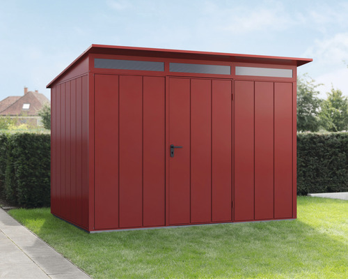 Gerätehaus Hörmann EcoStar Premiumline Elegant-P Typ 3 RAL3004 Einzeltür 312,7 x 283,4 cm rot Gartenhaus aus Metall mit Doppeltür und Oberlicht