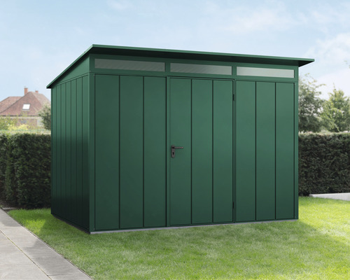 Gerätehaus Hörmann EcoStar Premiumline Elegant-P,Typ 3 RAL6005 Einzeltür 312,7 x 283,4 cm grün Gartenschrank aus Metall mit Doppeltür im Garten