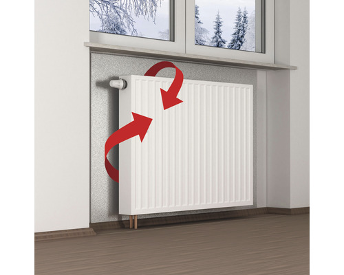 Heizkörper unter einem Fenster mit roten Pfeilen, die die Konvektion anzeigen