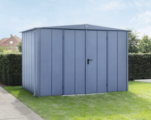 Gerätehaus Hörmann EcoStar Premiumline Elegant-S Typ 3 RAL5014 Doppeltür 323,6 x 247,7 cm blau Metall Gartenhaus zur Aufbewahrung von Gartengeräten im Außenbereich.