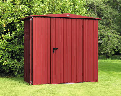 Gerätehaus Hörmann EcoStar Premiumline Trend-S Typ 1 RAL3004 Einzeltür 258,8 x 121,3 cm rot Metall Gartenschrank mit Tür auf Rasen